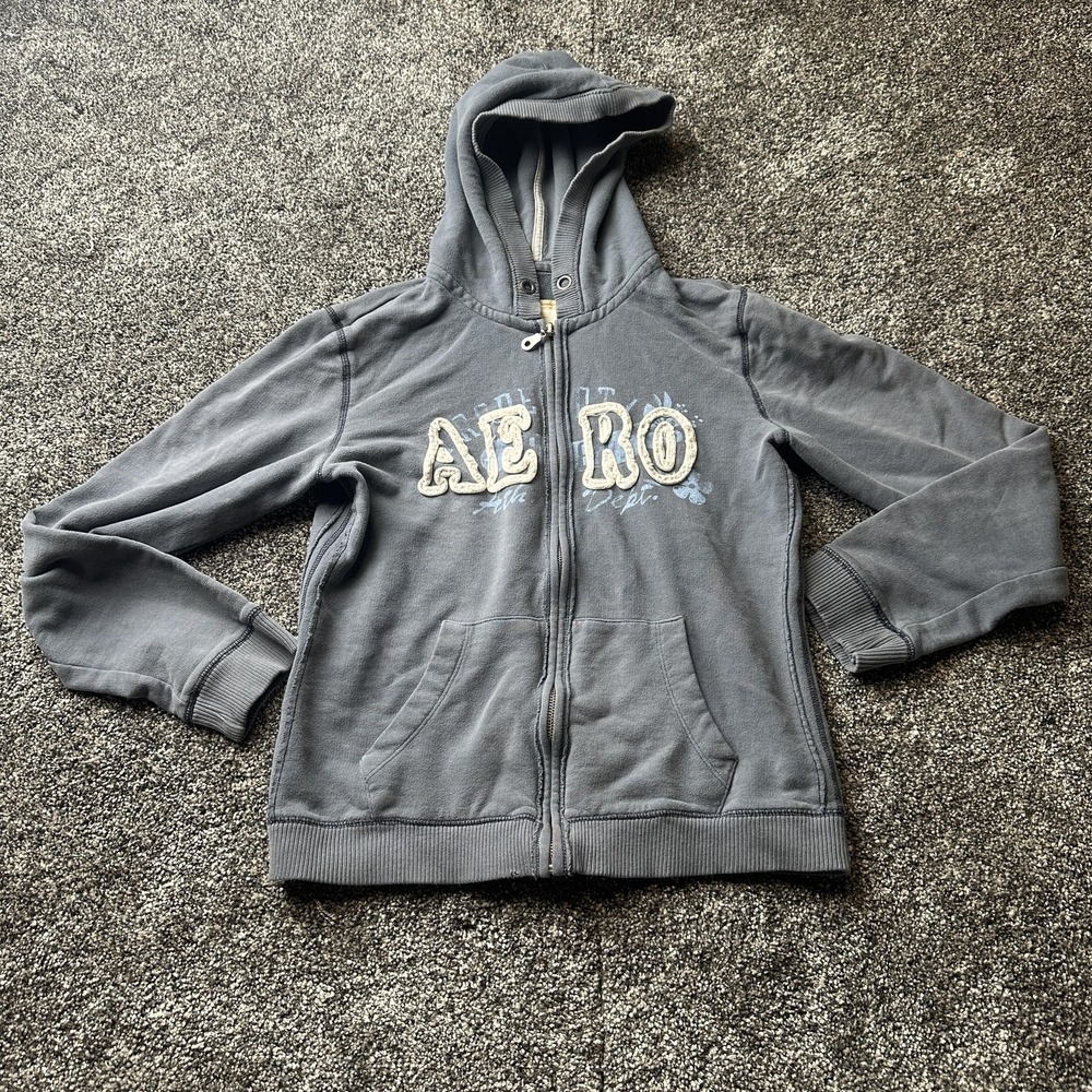 Y2K Aeropostale Full Zip Hoodie Womens L Gray Fleece Embroidered Logo Pockets